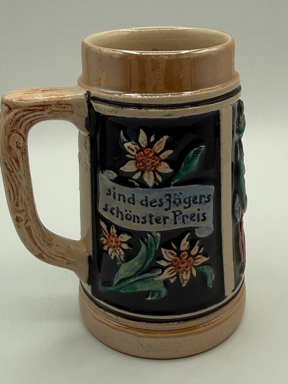 Vintage German Stoneware Beer Stein Edelweiss Hunter Maiden Germany 5"